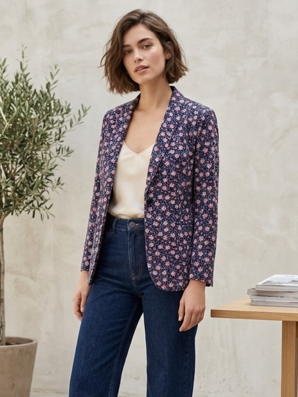 LC Lauren Conrad Navy Blazer with Pink Floral Patterning